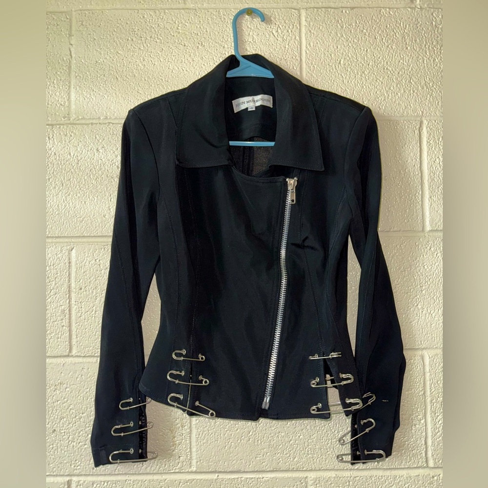 Vintage John Murrough Motorcycle Style Jacket Black Cropped Safety Pins Sz 4 90s